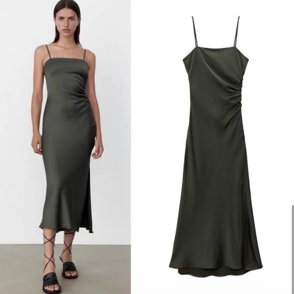 Zara Satin Effect Green Ruched Slit Midi Dress XS